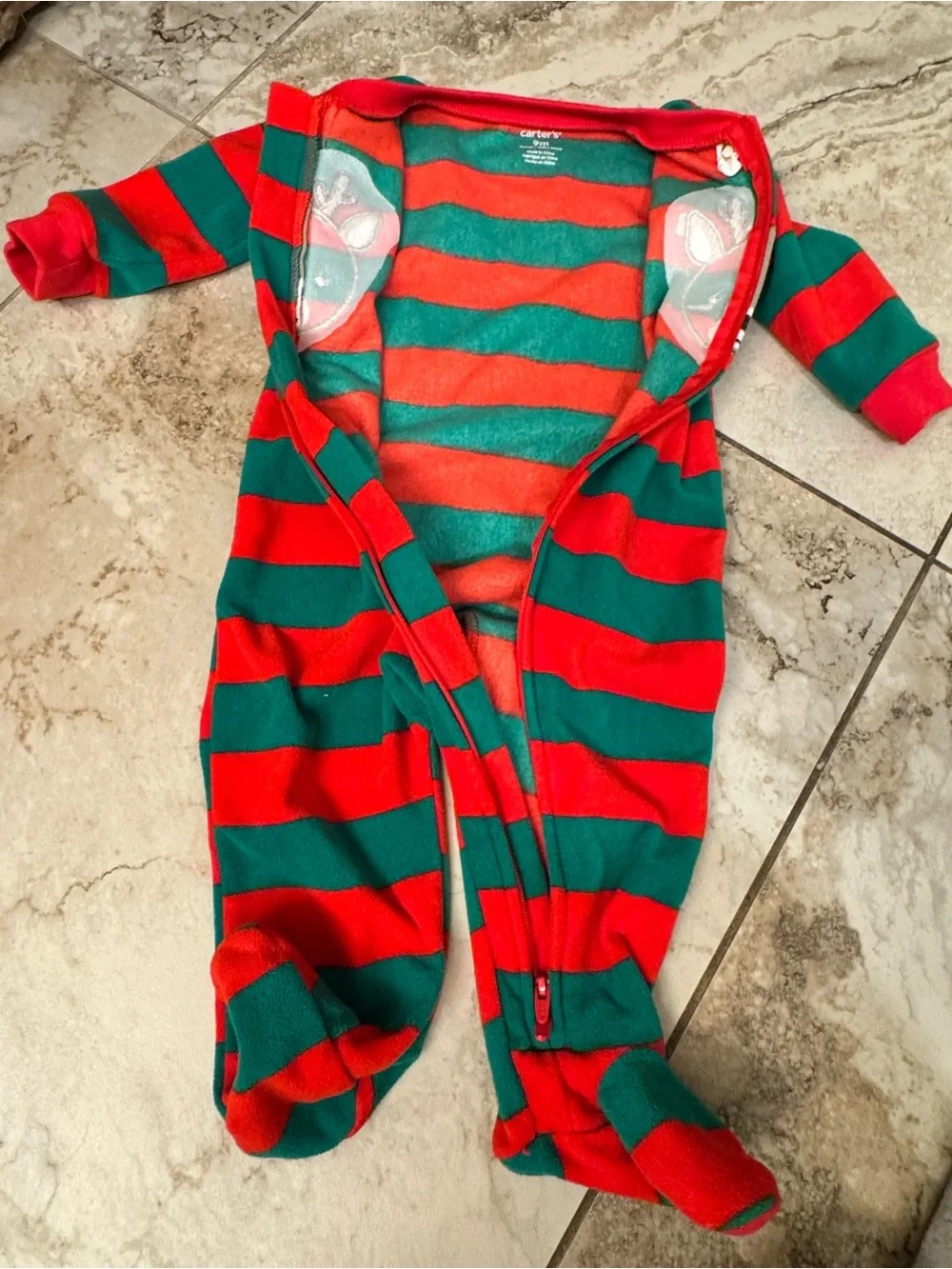 Carter's Red & Green Striped Reindeer Footed One-Piece
